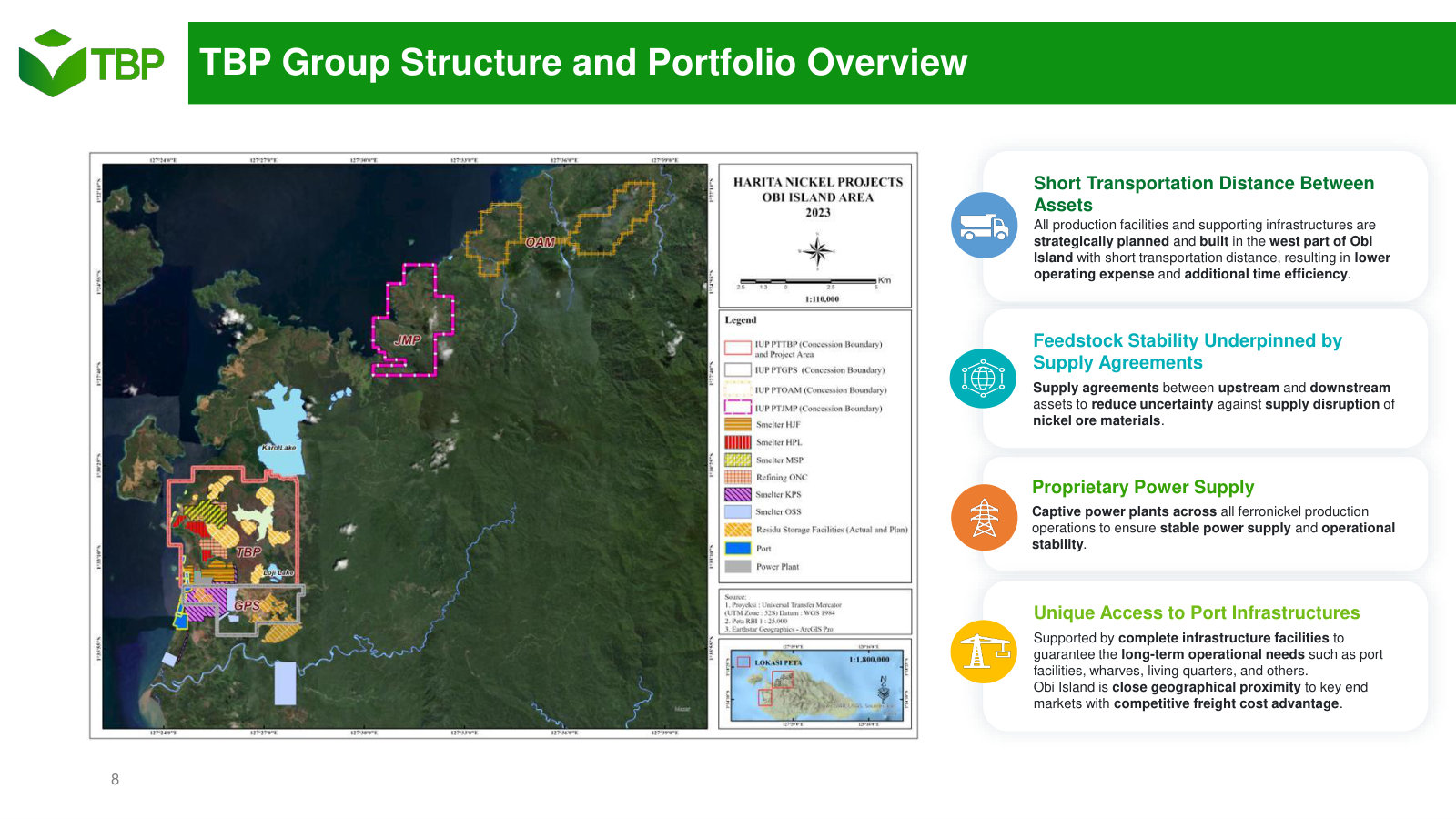 The concession and infrastructure map, with the four reasons management gives for Obi's cost advantage.